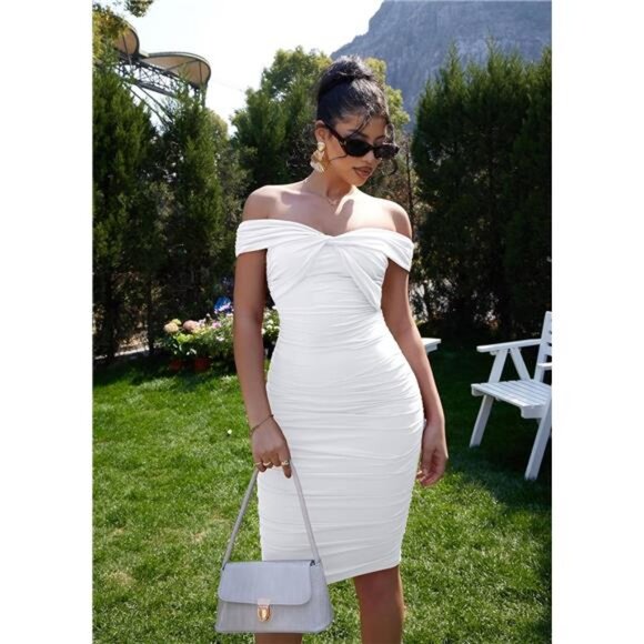 Women's Sexy Off The Shoulder Twist Wrap Short Sleeve Dress White - Picture 5 of 7